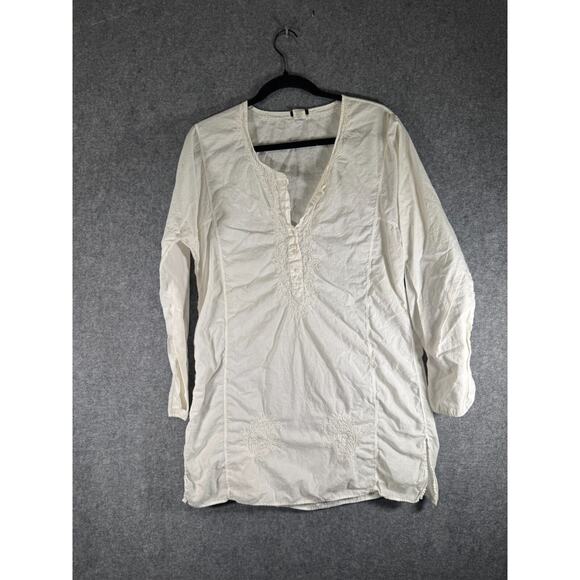 J Crew Tunic Blouse Women Large White Semi Sheer Cotton Boho Embroidered - Picture 1 of 6